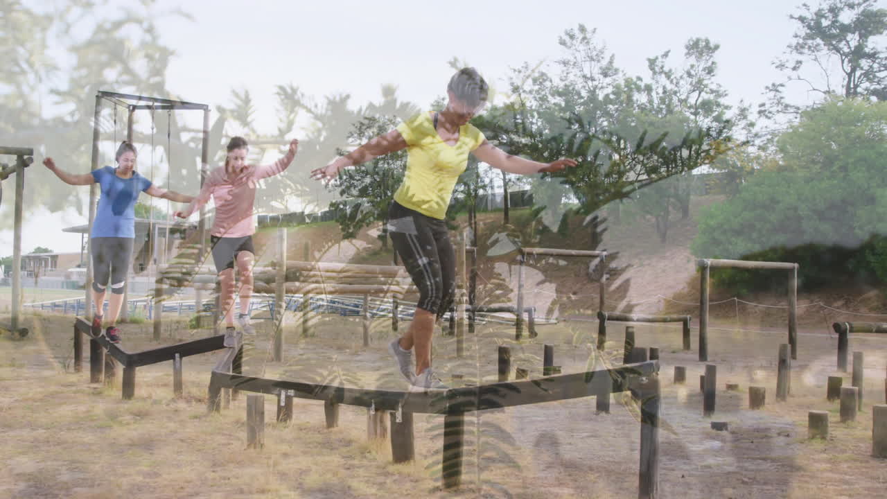 People balancing on outdoor obstacle course with nature overlay animation