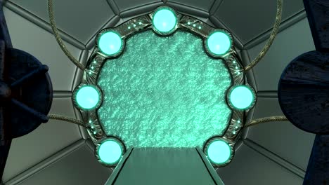 iron rusty hatch opens panoramic view to the spaceship landscape scene. 3d abstract background of sci-fi corridor with portal. futuristic technology abstract vj for tech titles and background.