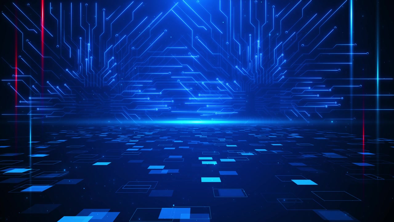Blue futuristic circuit stage glows lines digital floor tiles advanced cyber depth video backgrounds