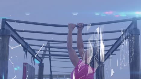 animation of shapes moving over caucasian woman at obstacle course exercising