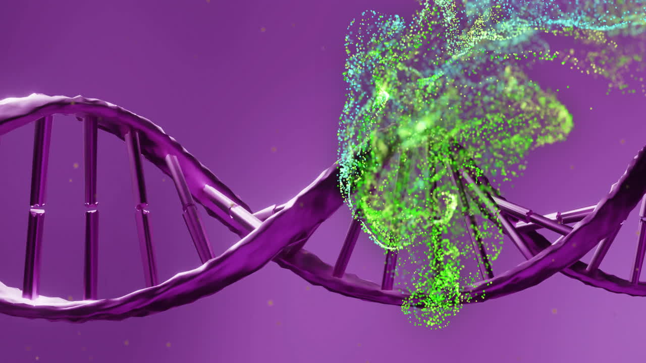 la cadena de adn se transforma en partículas, animación científica sobre un fondo púrpura