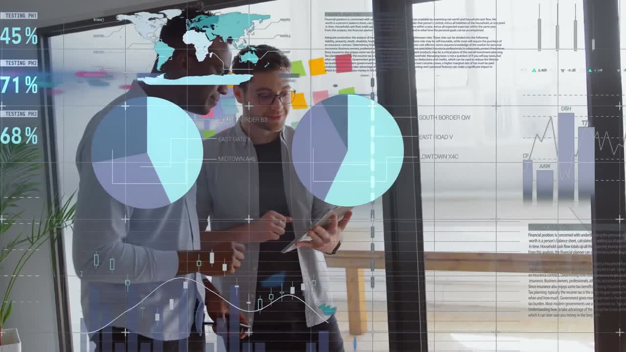 Animation of statistics and data processing over businessmen using tablet