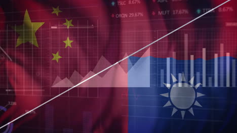 animation of data processing over flag of taiwan and china