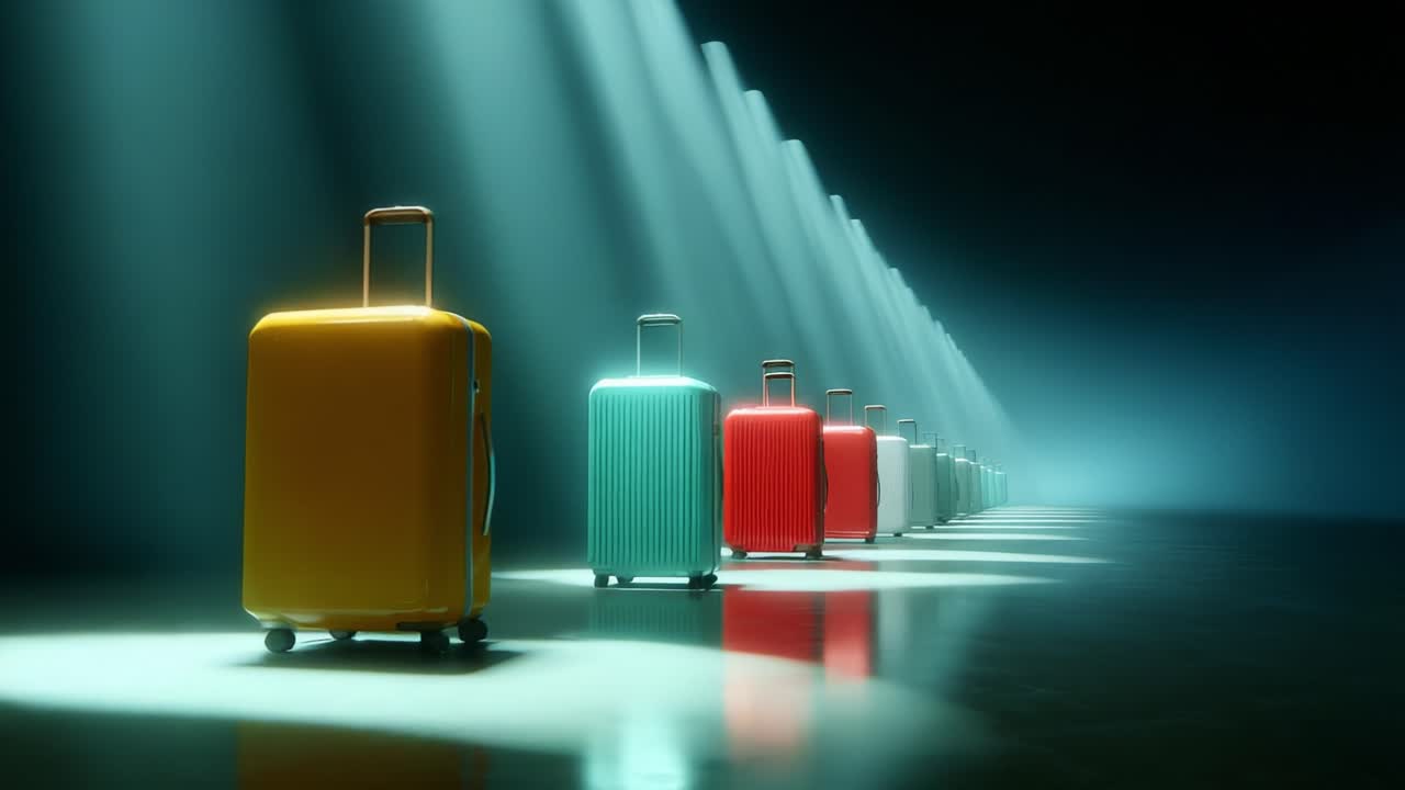 A Stunning Visual Display of Colorful Luggage: A Sequence of Vibrant Suitcases in a Dramatic Lighting Setup, Showcasing Unique Designs and Textures Reflecting the Modern Travel Experience
