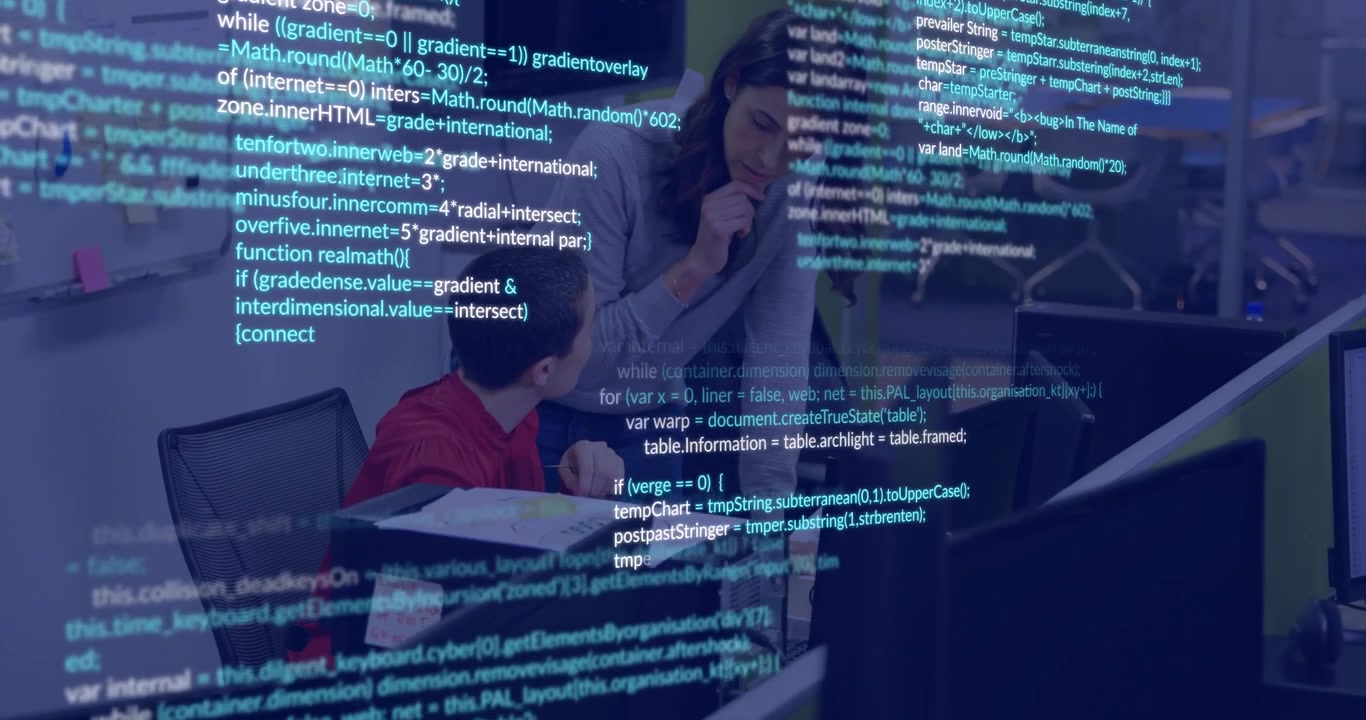 Animation of data processing over diverse business people in office