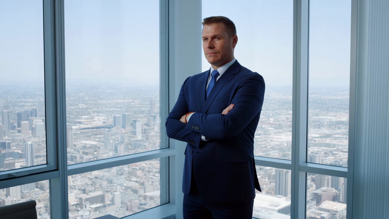 White Businessman In Glass Office Overlooking City Skyline, White Male Executive Stands With Arms Crossed