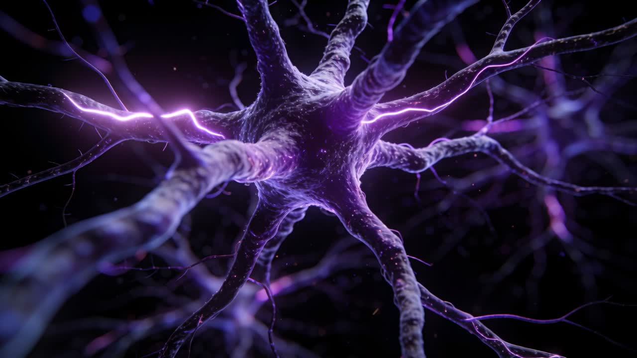Neuron receiving purple pulse along branch, camera rotating, illuminating soma for health signaling