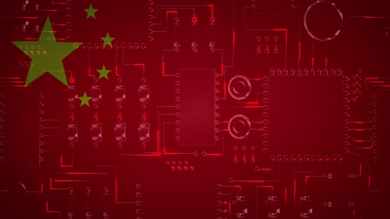 animación de una placa de circuito de computadora con procesamiento de datos y bandera de china