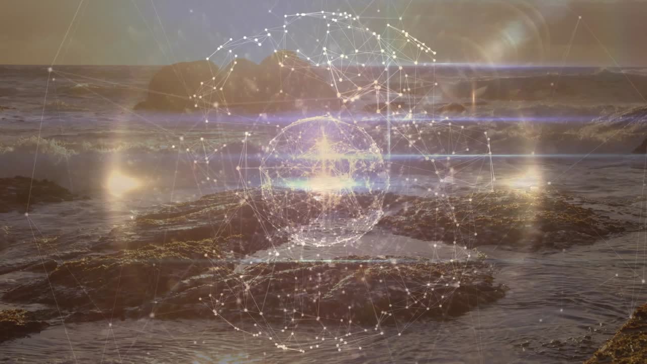 Pointcloud orb appearing frame1, nodes brightening, rotating, pulsing, showing network over shore