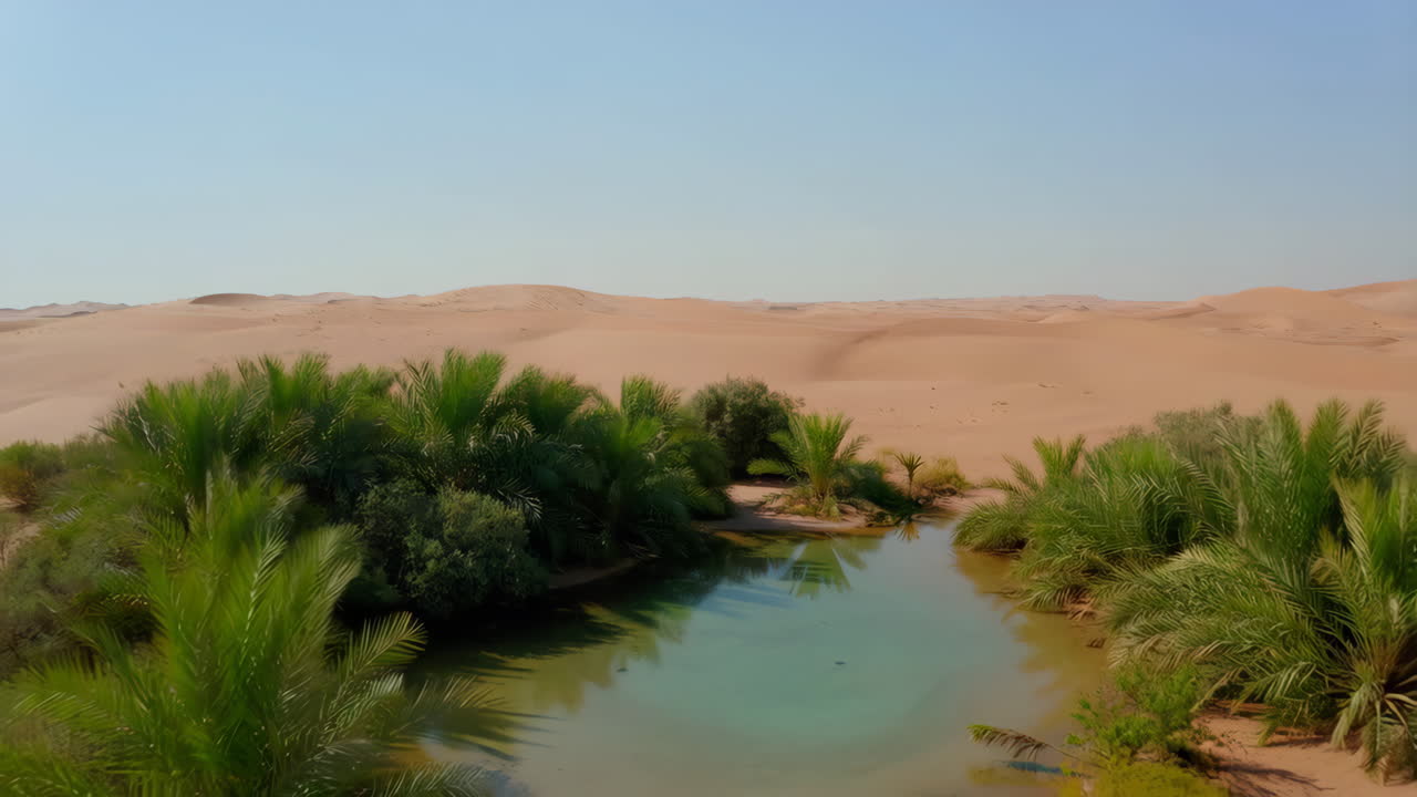 Vast Desert Landscape with a Lush Green Oasis and Palm Trees