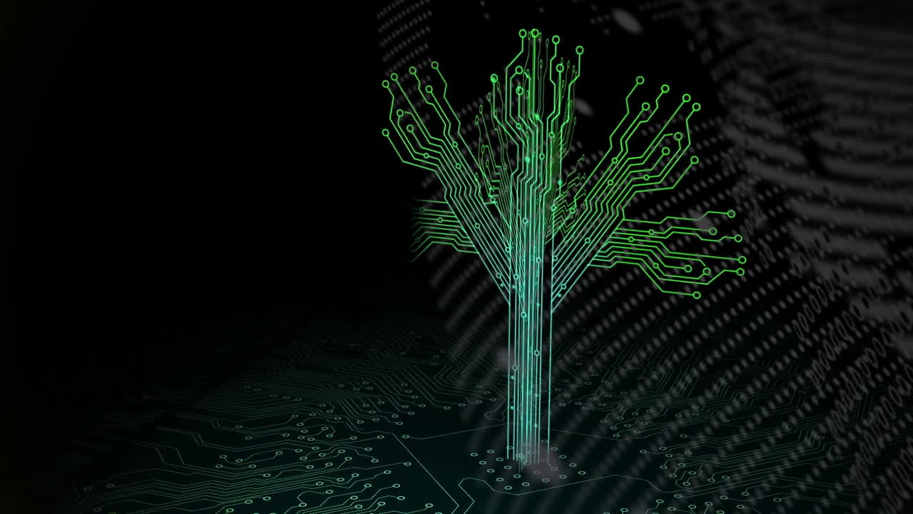Circuit tree animation over electronic motherboard background