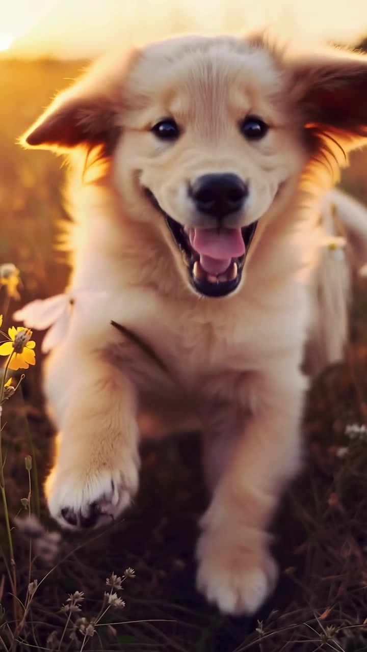 Cachorro de Golden Retriever feliz corriendo por un campo soleado al atardecer