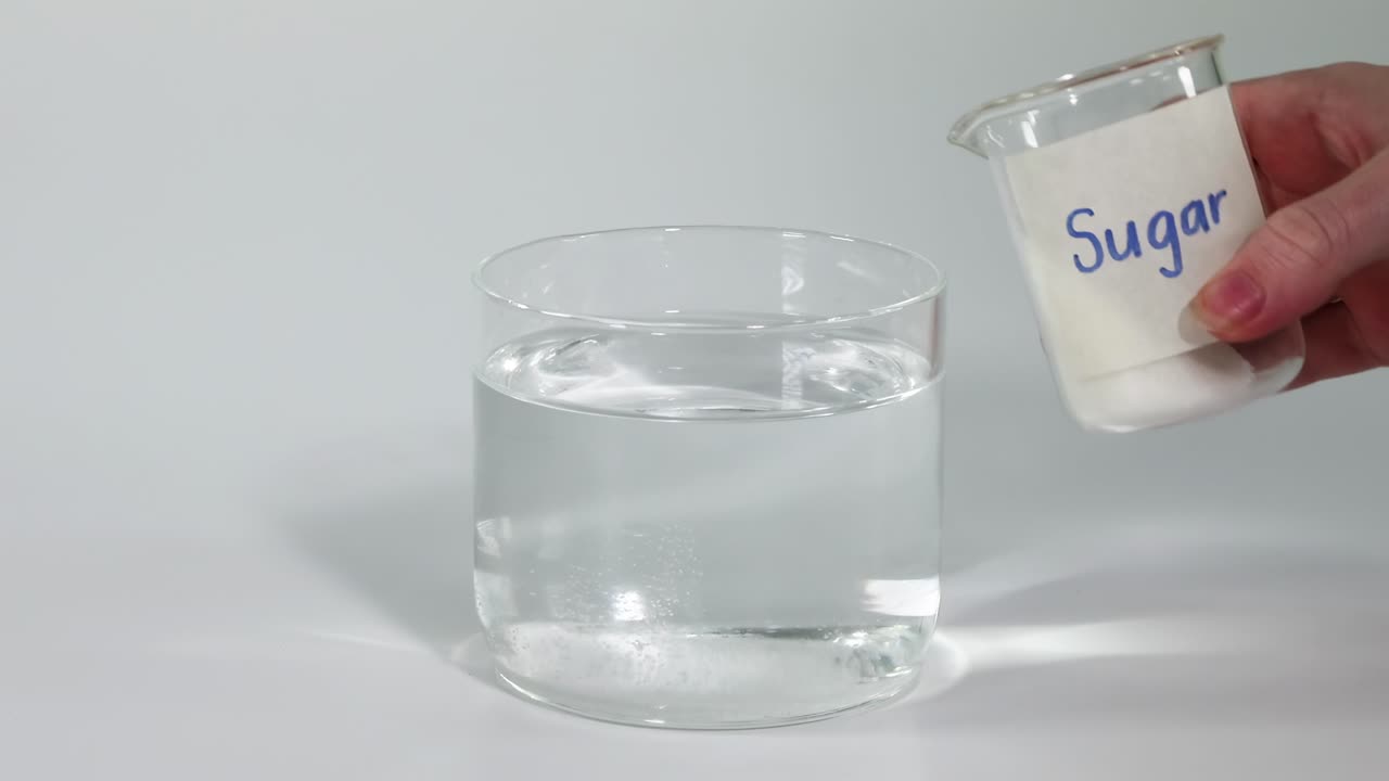A sequence showing sugar being stirred into water using a glass rod.