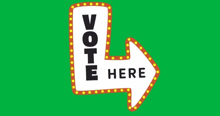 Grafici che utilizzano un design per campagna elettorale con un cartello trasparente a forma di freccia per il voto con lampadine.
