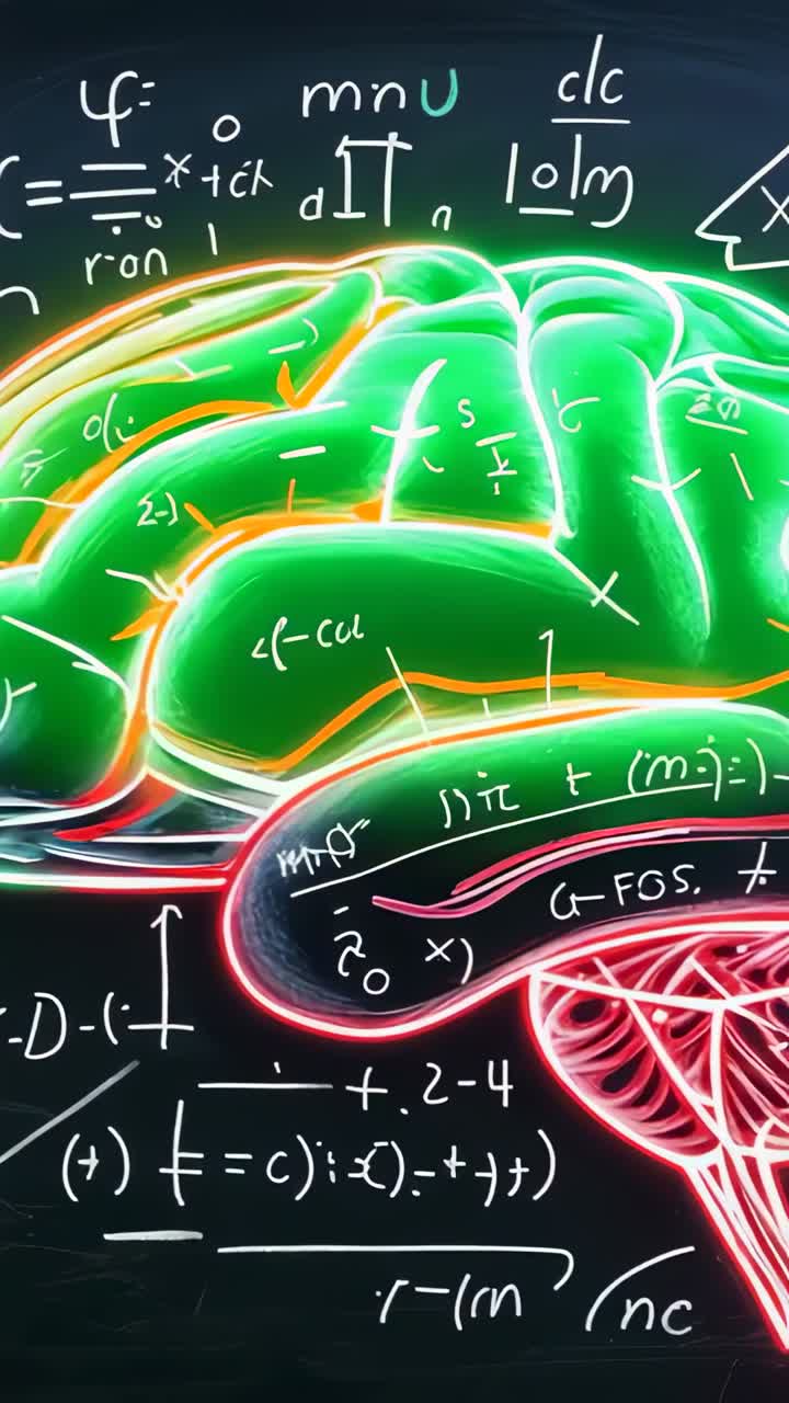 Vertical video: At start showing neon brain glowing red orange yellow green on chalkboard formulas