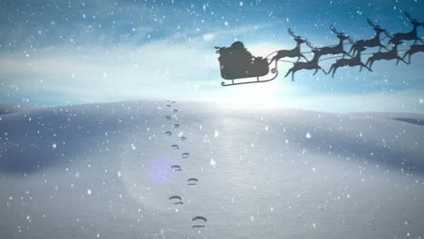 Snow-falling-over-santa-claus-in-sleigh-being-pulled-by-reindeers-against-winter-landscape