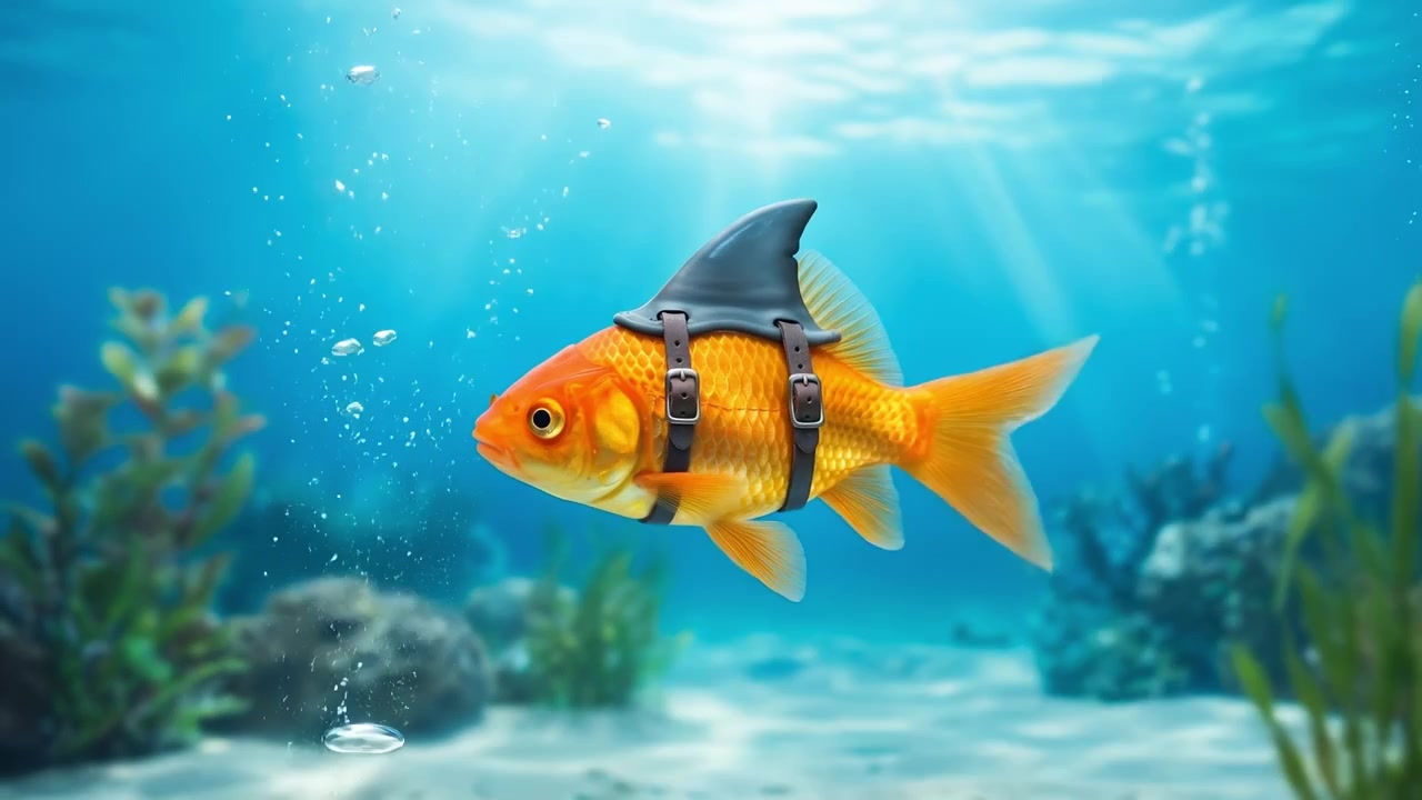 Ein kleiner oranger Goldfisch schwimmt unter Wasser und trägt eine schwarze Haifischflosse auf dem Rücken.