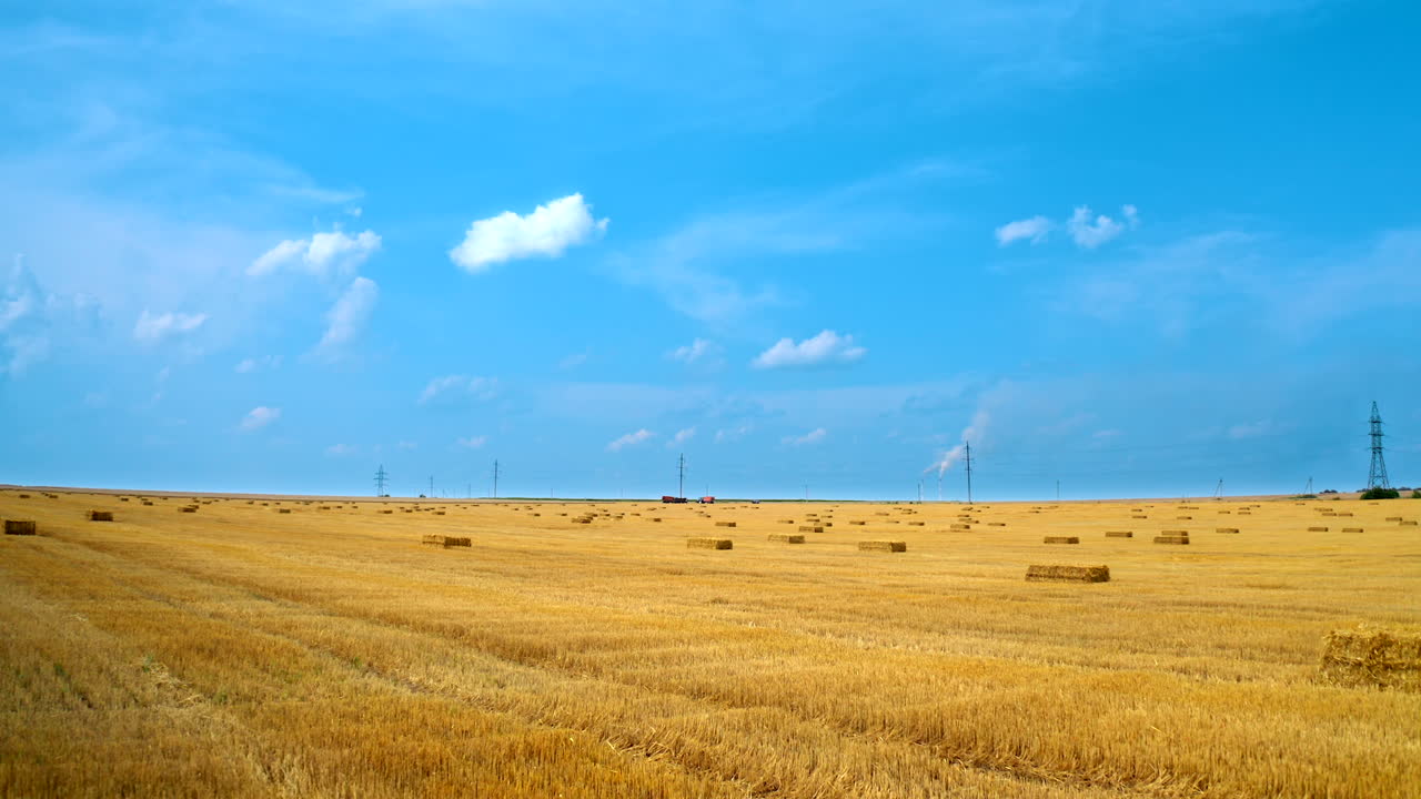 Field after harvesting. Dry straw bales on yellow field. Flying over harvested field with pressed bundles. Yellow field under blue sky at harvest season.