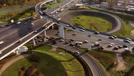 aerial view of a freeway intersection traffic trails in moscow.