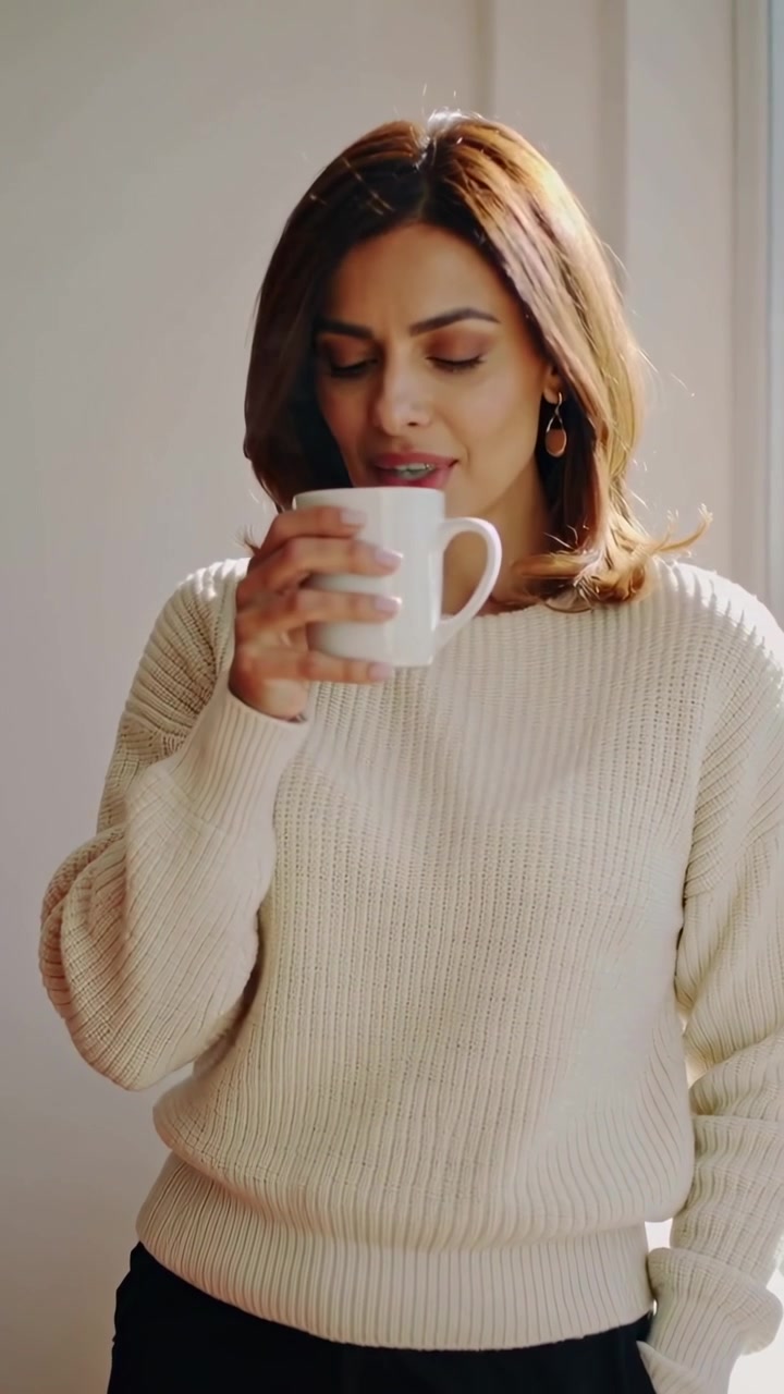 Video vertical: Vapor que emana de una taza, mujer india con suéter inhalando junto a la ventana, saboreando el aroma.