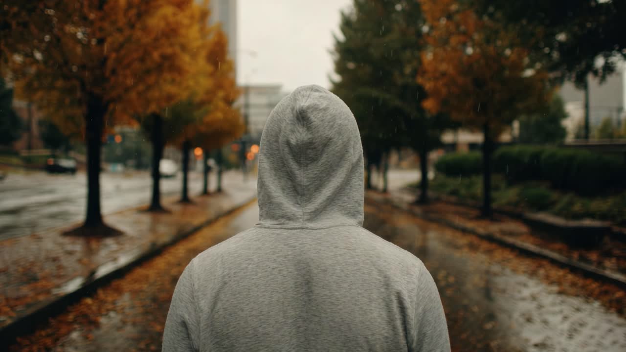 Una figura solitaria con una felpa grigia con cappuccio cammina per una strada piovosa fiancheggiata da alberi autunnali dai colori vivaci, illustrando la bellezza serena della natura e la solitudine nel paesaggio urbano