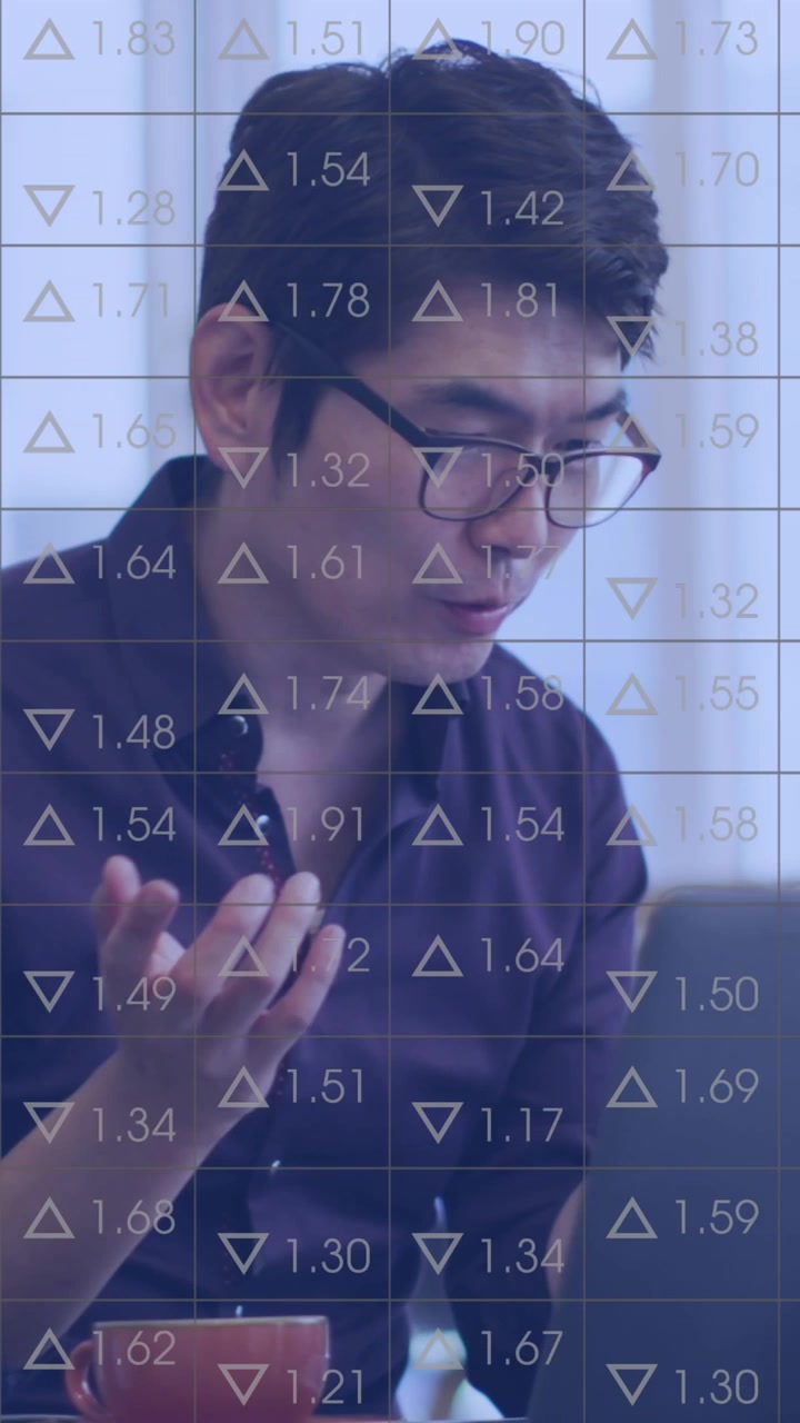 Animation of statistics data processing over asian businessman using laptop in office