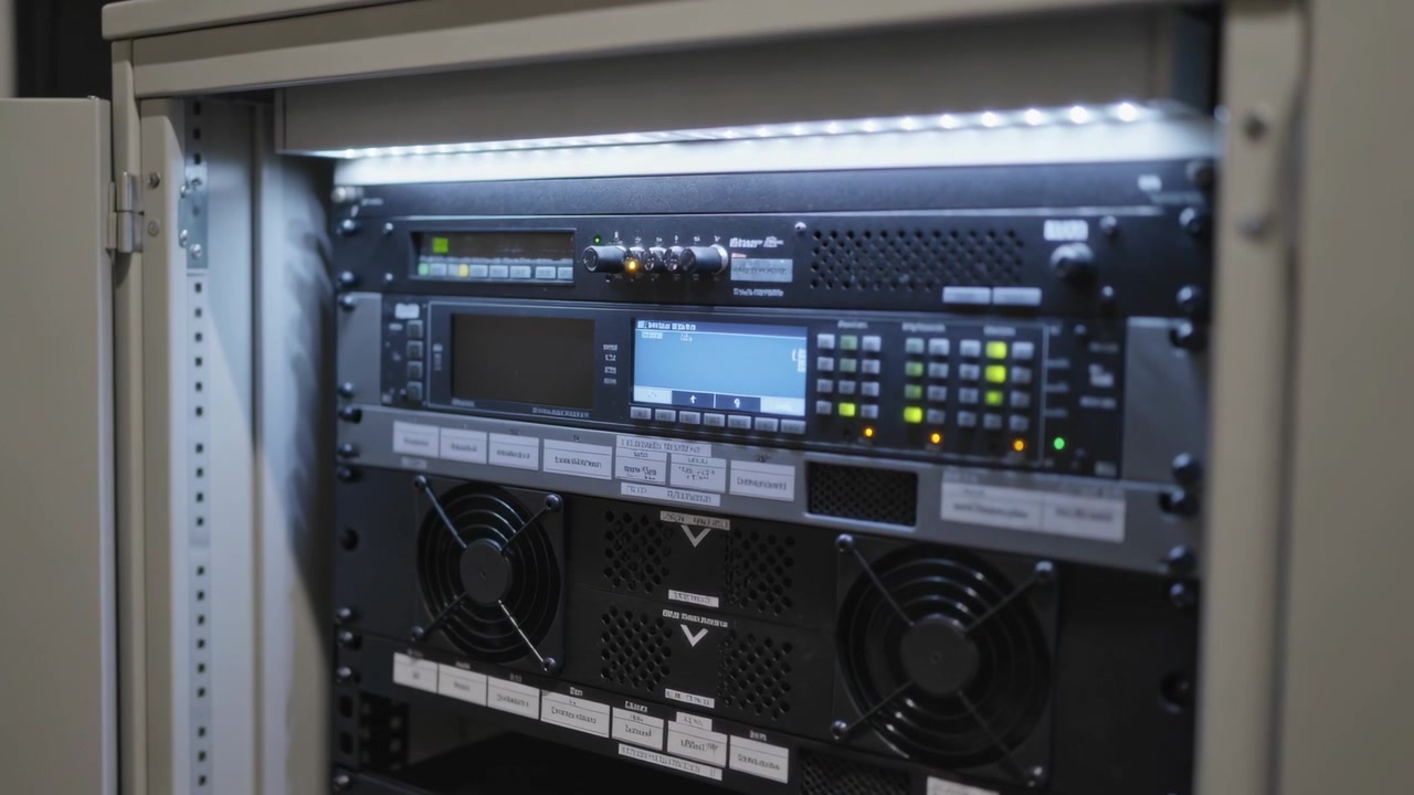 Zooming camera revealing rack electronics in cabinet, focusing on LCD keypad, LED strip, fans
