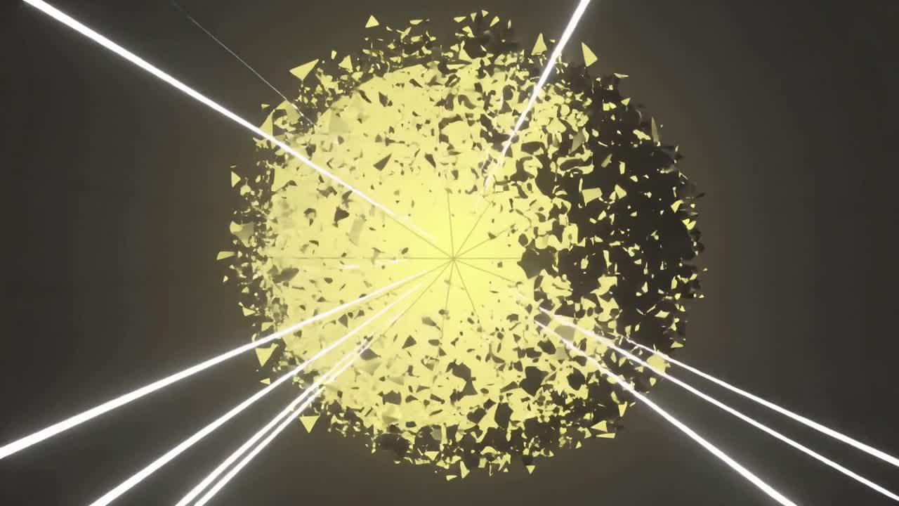 Striking white beams hitting yellow disk in space, causing triangular shards streaming right