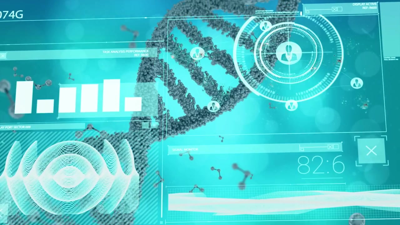 Animation of diverse data over dna chain on blue background