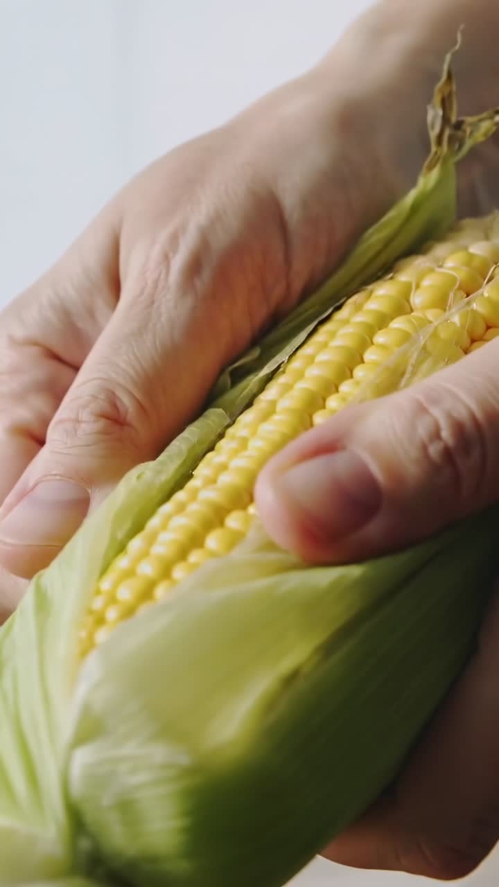 Vertical video: Gripping ear, hands pulling back husk at kitchen counter preparing corn to cook