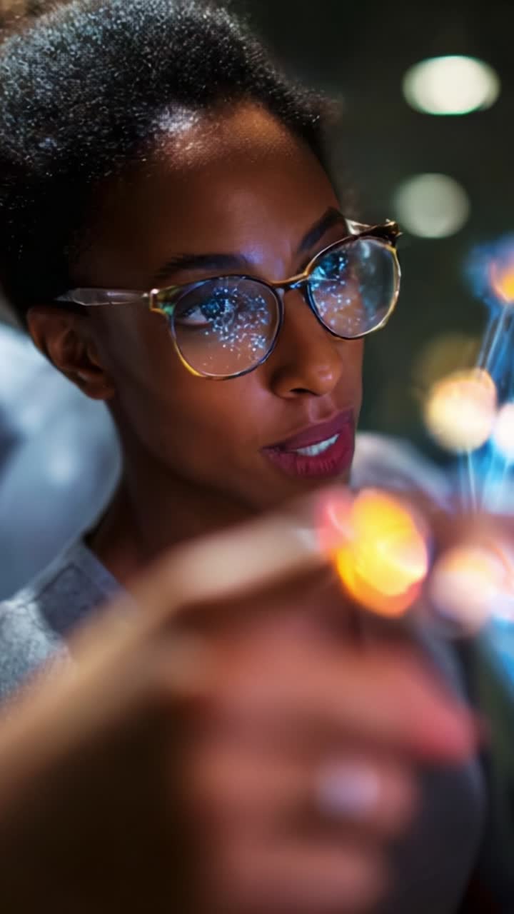 A focused individual showcases creativity and innovation while interacting with glowing elements, representing technology and exploration in a modern environment