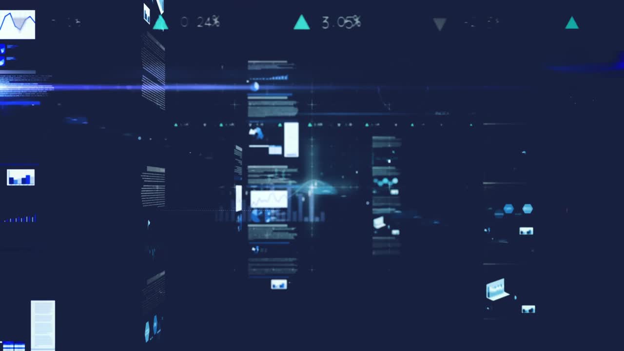 Animation of data processing and light trails on black background