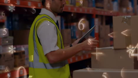 animación de un hombre trabajando en un almacén y usando una tableta con iconos de números