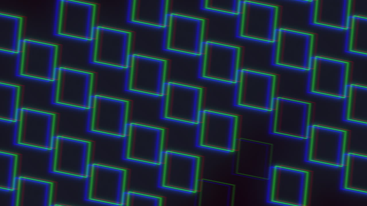 Abstract neon squares pattern background with glitch RGB edges, seamless motion