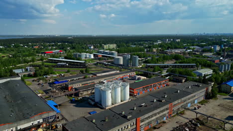 panoramic aerial view over an industrial area with warehouses and silos