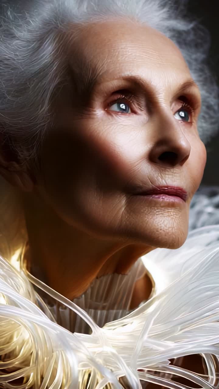 Eternal Elegance: A Close-Up Portrait of an Elderly Woman with Stunning Features and Ethereal Styling, Capturing Beauty, Wisdom, and Grace in Every Detail