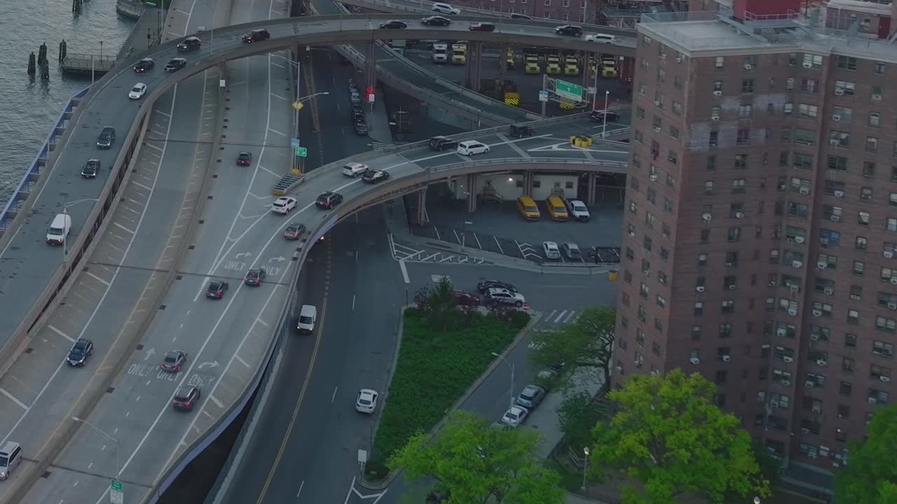 Aerial view of city traffic on bridges and roads