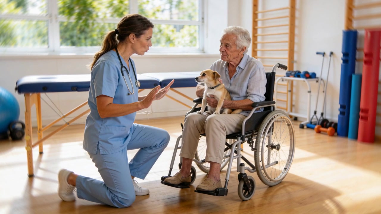 Infermiera in divisa blu si china e gesticola parlando a un anziano in sedia a rotelle che tiene in braccio un cane fulvo per la terapia.