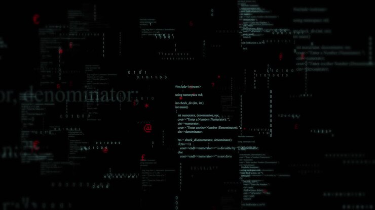 Animation of binary coding and data processing on black background