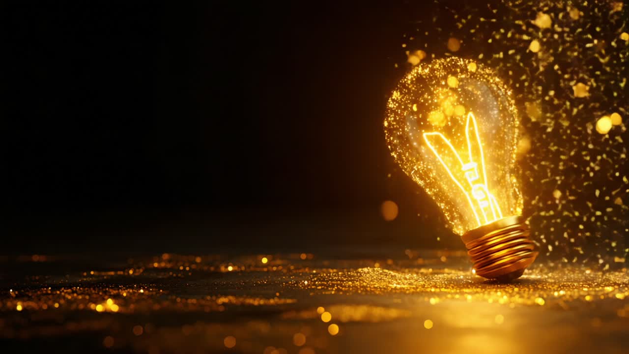 A mesmerizing view of a glowing light bulb, radiating shimmering golden sparks that illuminate the surrounding darkness, creating an enchanting atmosphere of creativity and inspiration