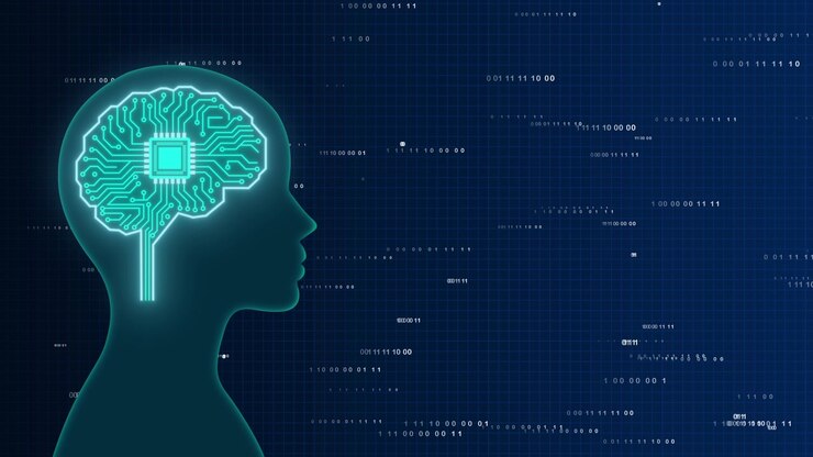 Digital Human Head Silhouette with Glowing Circuit Board Brain and Binary Data