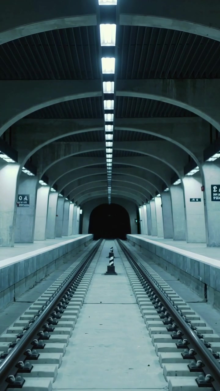 Video verticale: Telecamera che avanza inquadrando i binari centrali in stazione, enfatizzando il dissuasore e il tunnel