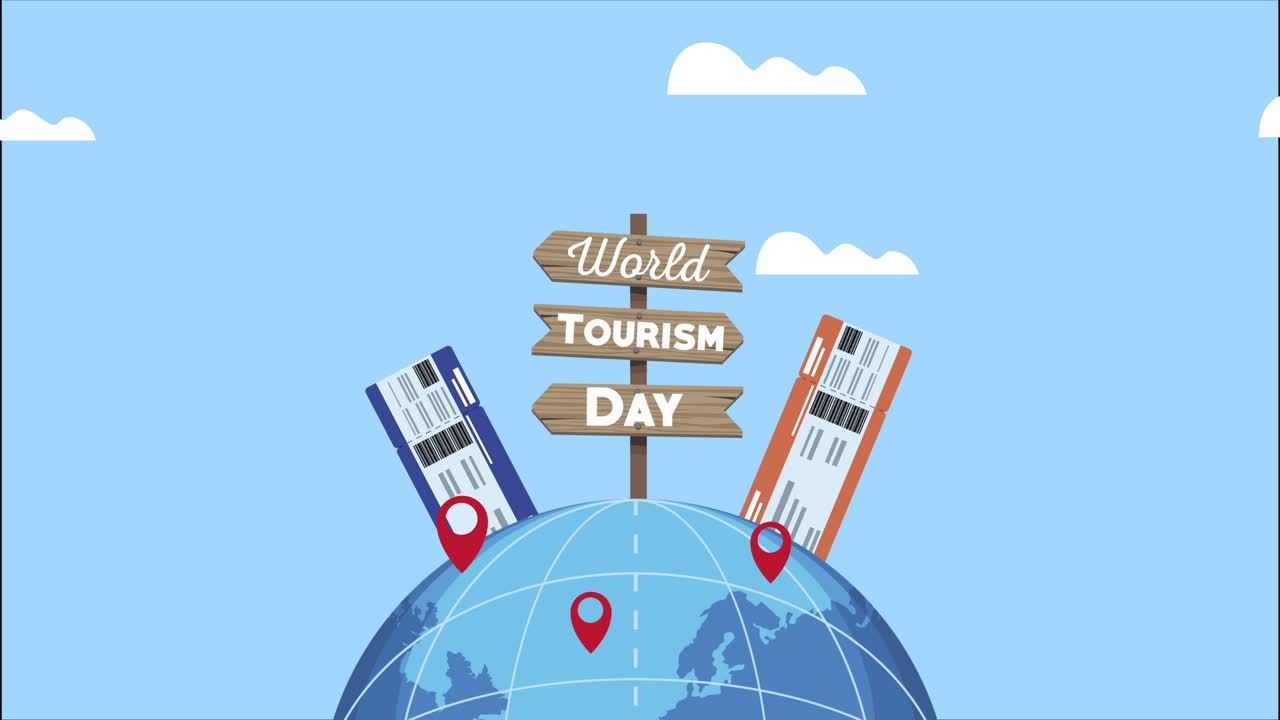 world tourism day lettering in arrows signal with flight tickets