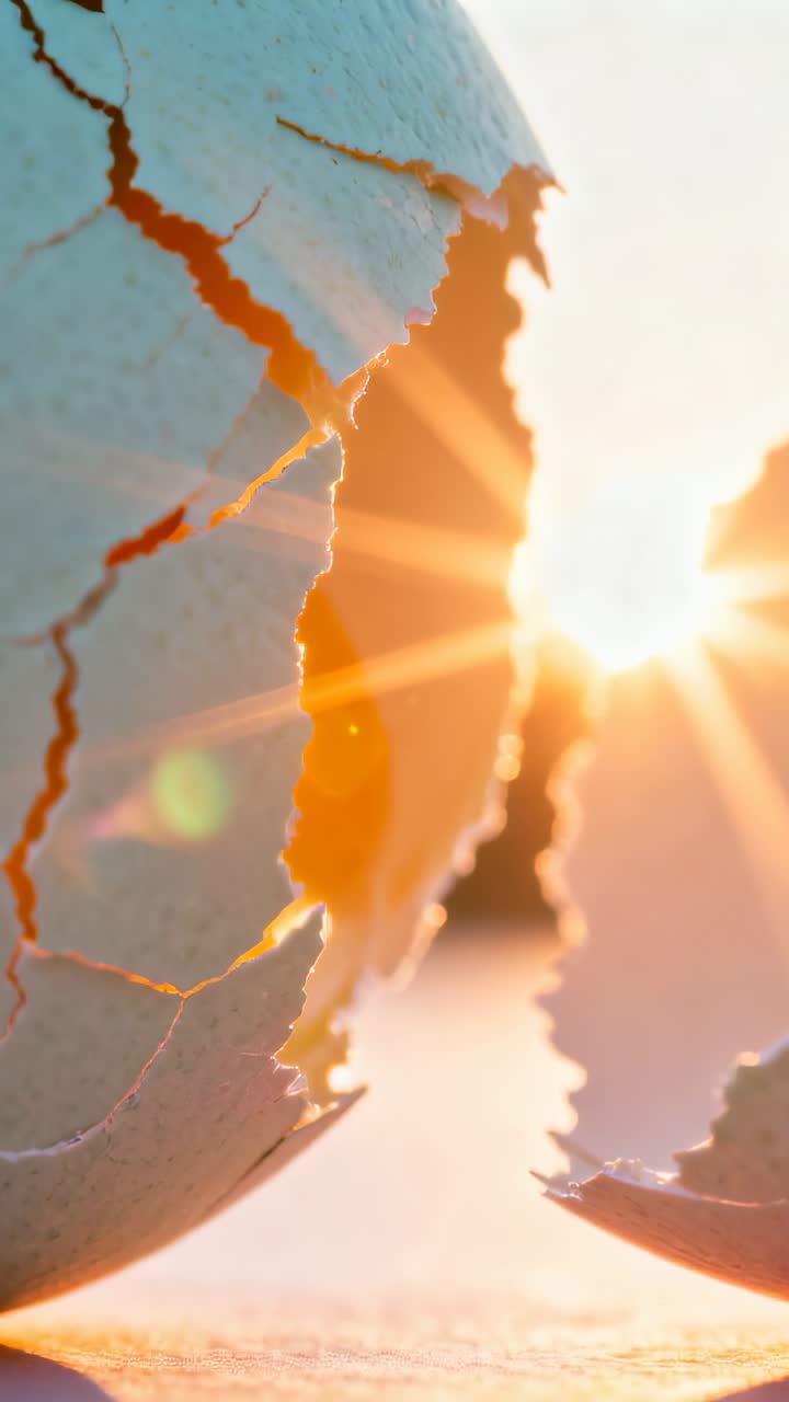 Vertical video: Rising sunlight hitting cracked eggshells on tabletop, creating starburst flare