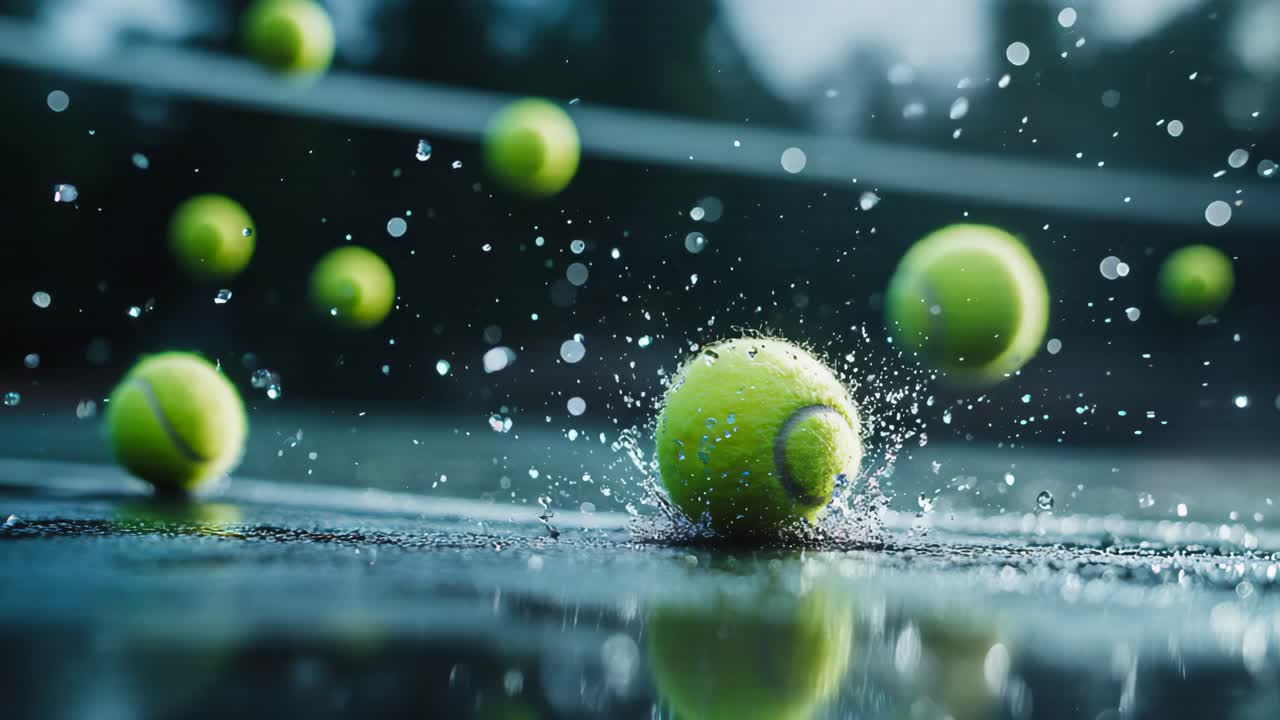Tennis Balls Splashing in Water on Court