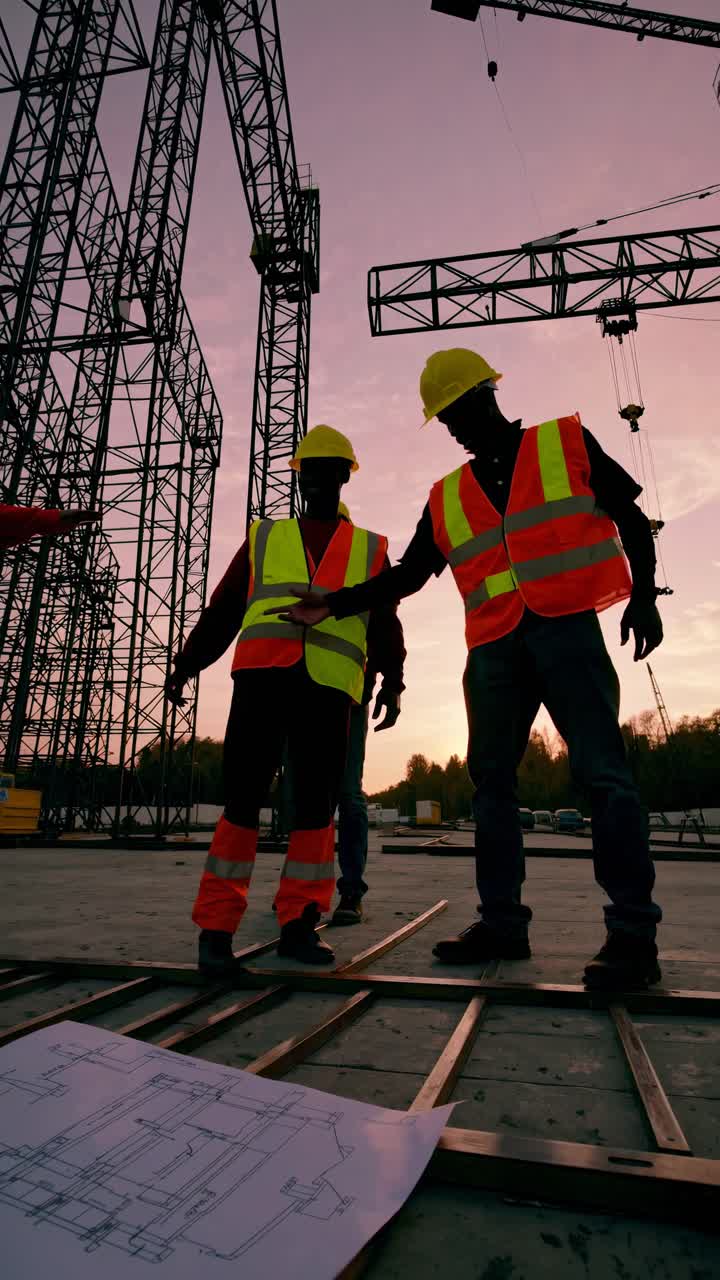Silhouetted construction workers in safety gear at sunset, captured from a low angle