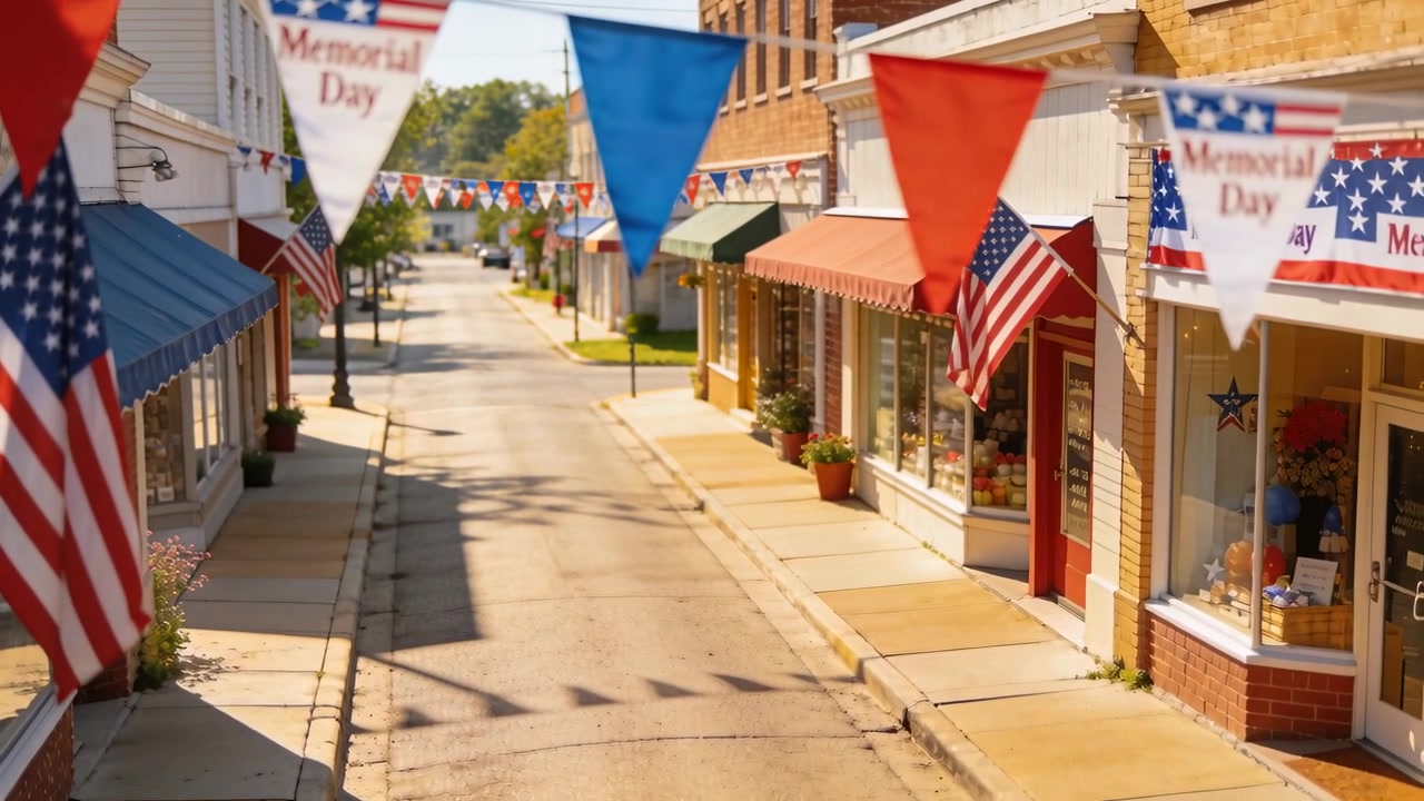 Crew pushing dolly revealing decorated main street, showing US flags and pennants, Memorial Day