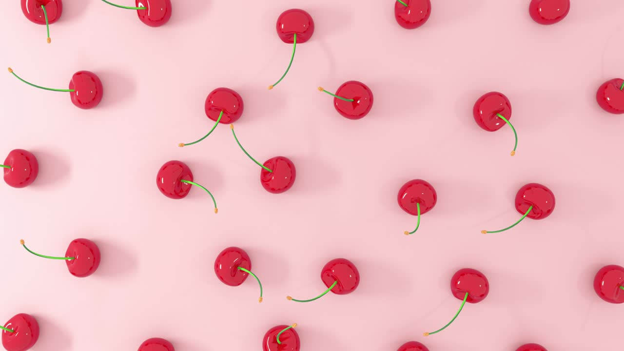 Render 3D buah ceri merah segar dengan latar belakang pastel. Animasi loop render 4K.