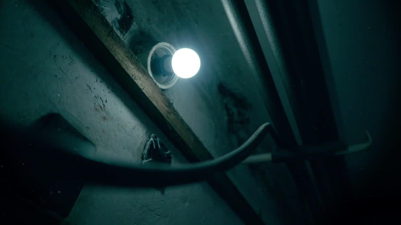 Low view shows exposed plumbing in blue backlight inside bleak basement. Industrial scene suited for thriller, hazard, or urban decay themes