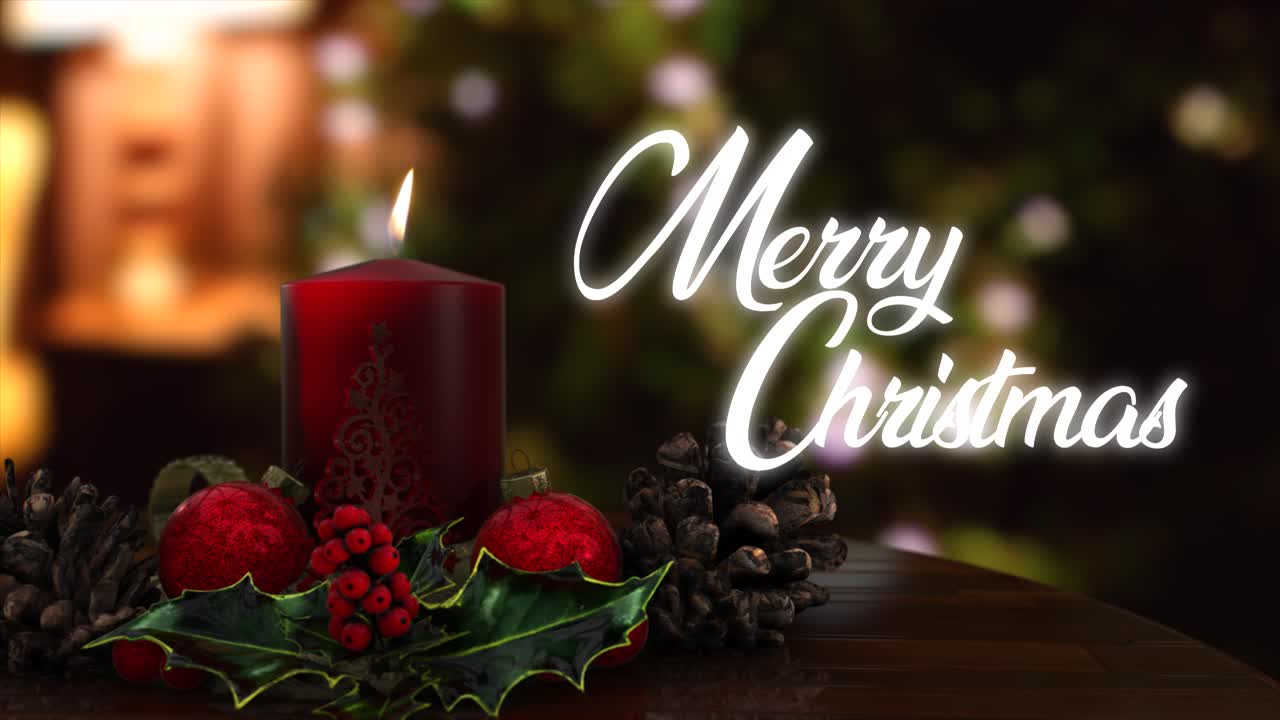 크리스마스 캔들 테이블 장식의 현실적인 3d cgi, 따뜻한 빨간색과 금색, 반짝이는 홀리 잔가지와 따뜻한 가정적인 배경